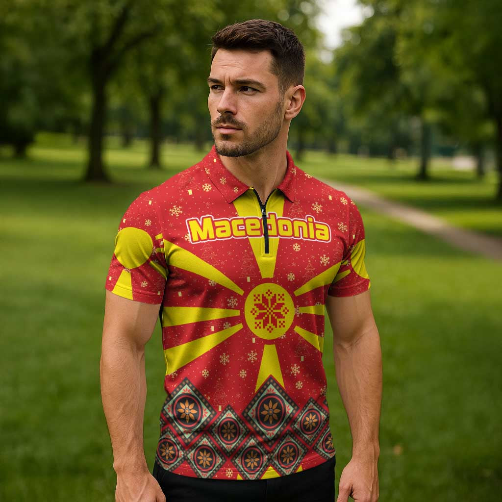 Macedonia Christmas Zipper Polo Shirt with Yellow Sun, Santa, and Festive Tree Motif - Wonder Print Shop
