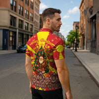 Macedonia Christmas Zipper Polo Shirt with Yellow Sun, Santa, and Festive Tree Motif - Wonder Print Shop