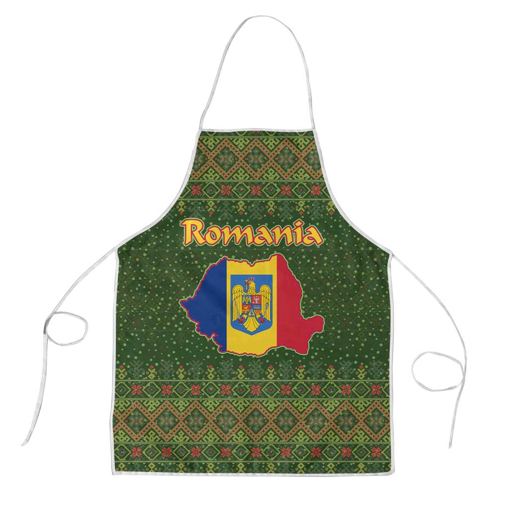 Romania Christmas Apron with Map Tricolor Flag Golden Eagle and Santa Motif - Wonder Print Shop