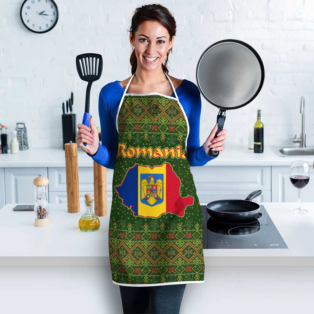 Romania Christmas Apron with Map Tricolor Flag Golden Eagle and Santa Motif - Wonder Print Shop
