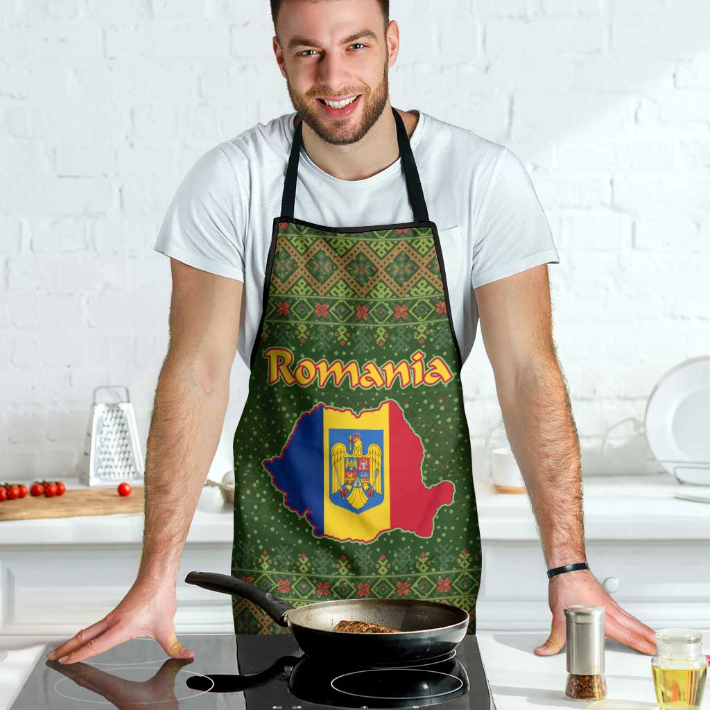 Romania Christmas Apron with Map Tricolor Flag Golden Eagle and Santa Motif - Wonder Print Shop