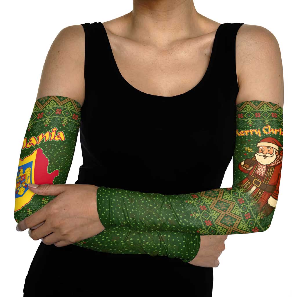 Romania Christmas Arm Sleeves with Map Tricolor Flag Golden Eagle and Santa Motif - Wonder Print Shop