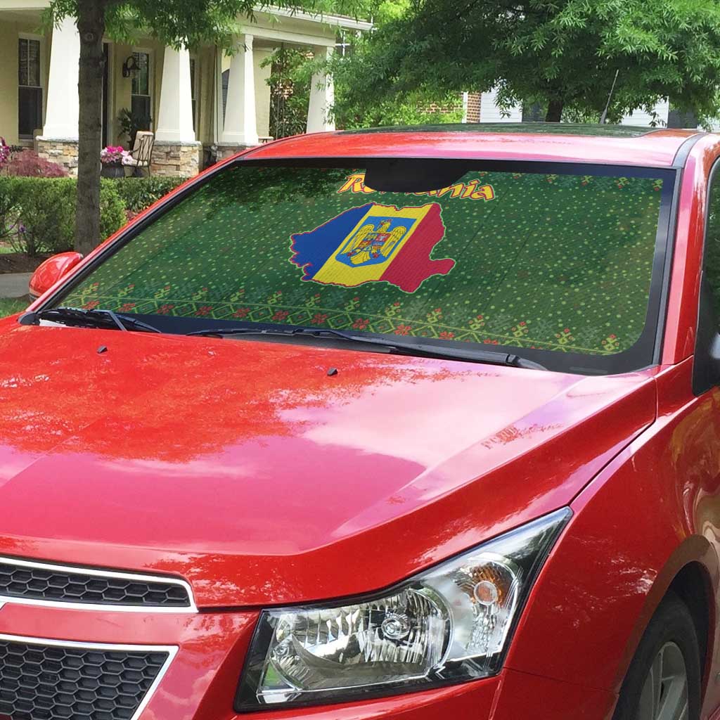 Romania Christmas Auto Sun Shade with Map Tricolor Flag Golden Eagle and Santa Motif - Wonder Print Shop