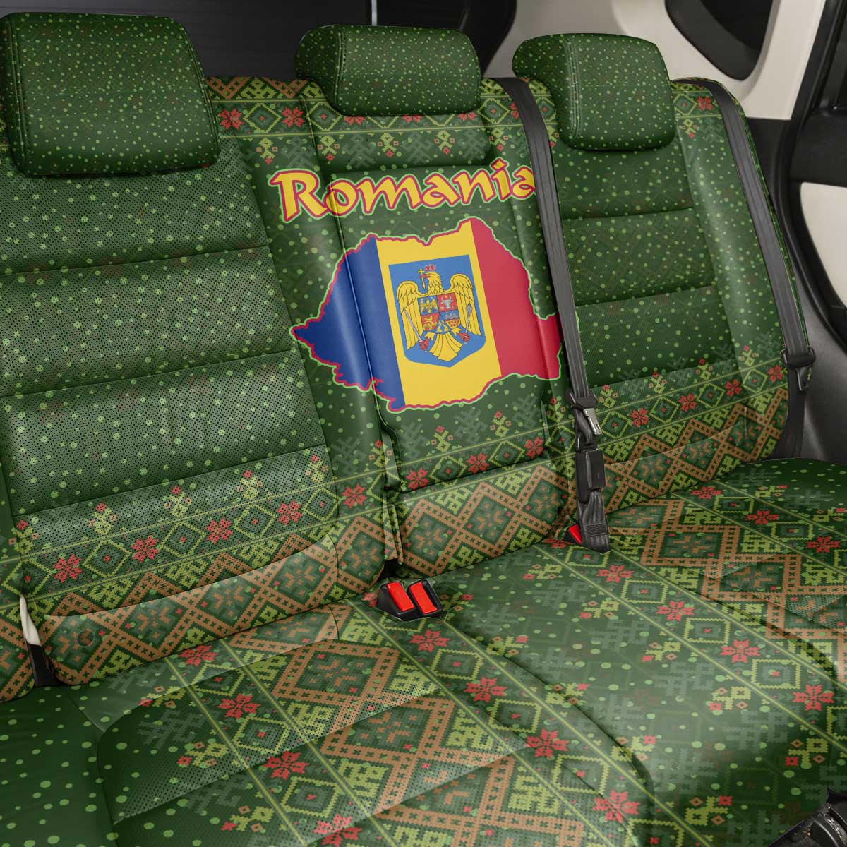Romania Christmas Back Car Seat Cover with Map Tricolor Flag Golden Eagle and Santa Motif - Wonder Print Shop