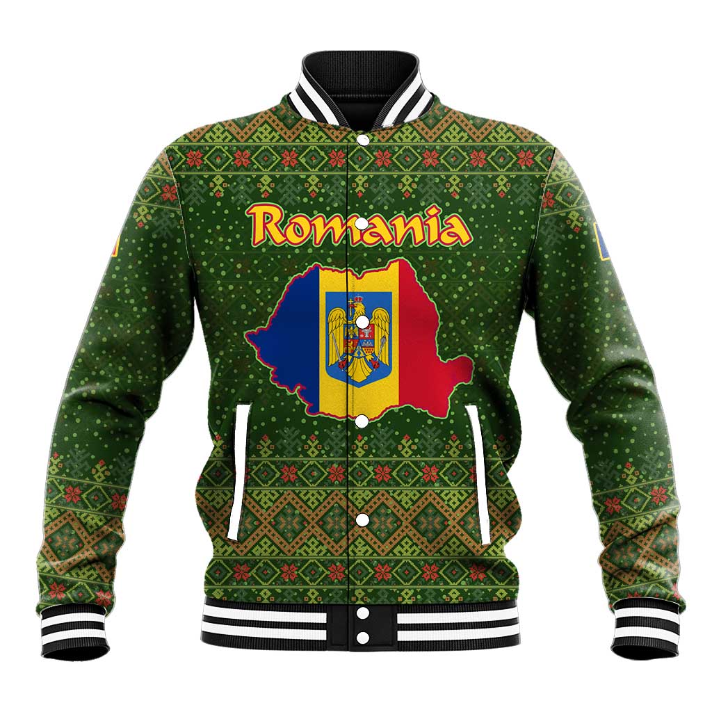 Romania Christmas Baseball Jacket with Map Tricolor Flag Golden Eagle and Santa Motif - Wonder Print Shop