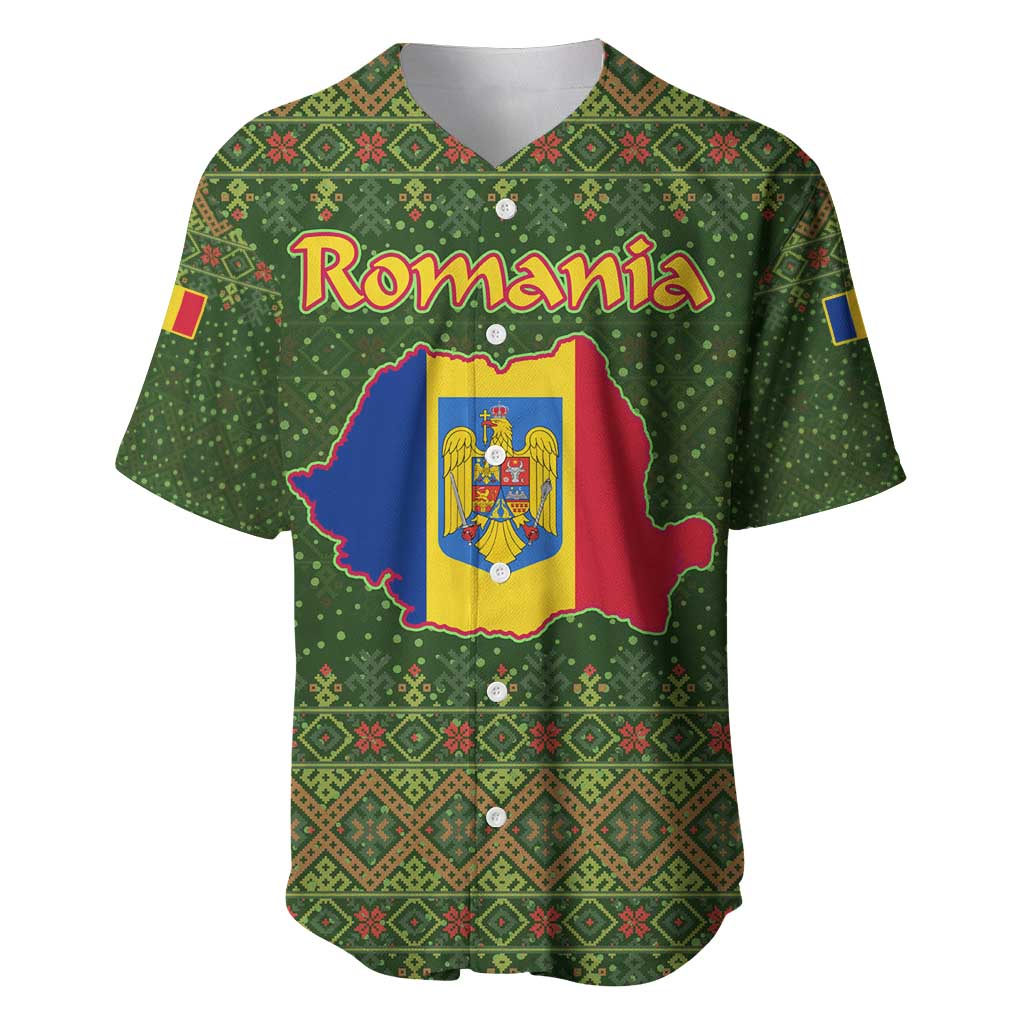 Romania Christmas Baseball Jersey with Map Tricolor Flag Golden Eagle and Santa Motif - Wonder Print Shop