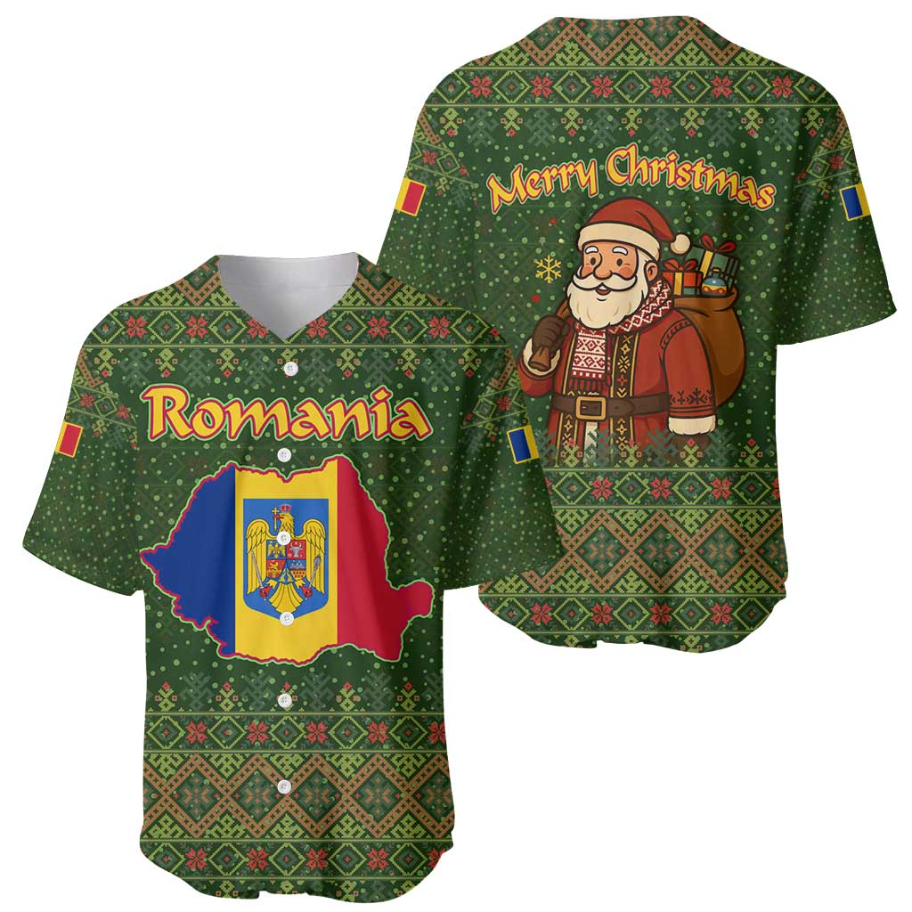 Romania Christmas Baseball Jersey with Map Tricolor Flag Golden Eagle and Santa Motif - Wonder Print Shop