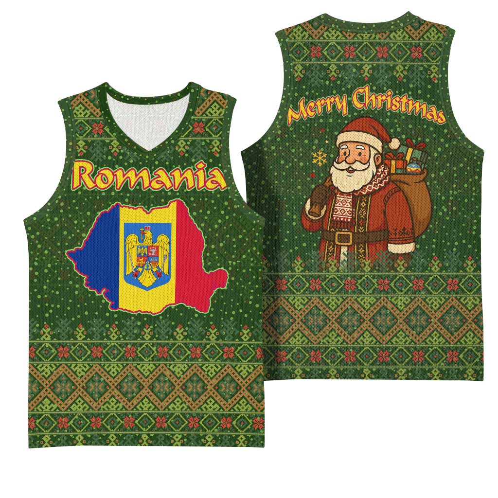 Romania Christmas Basketball Jersey with Map Tricolor Flag Golden Eagle and Santa Motif - Wonder Print Shop