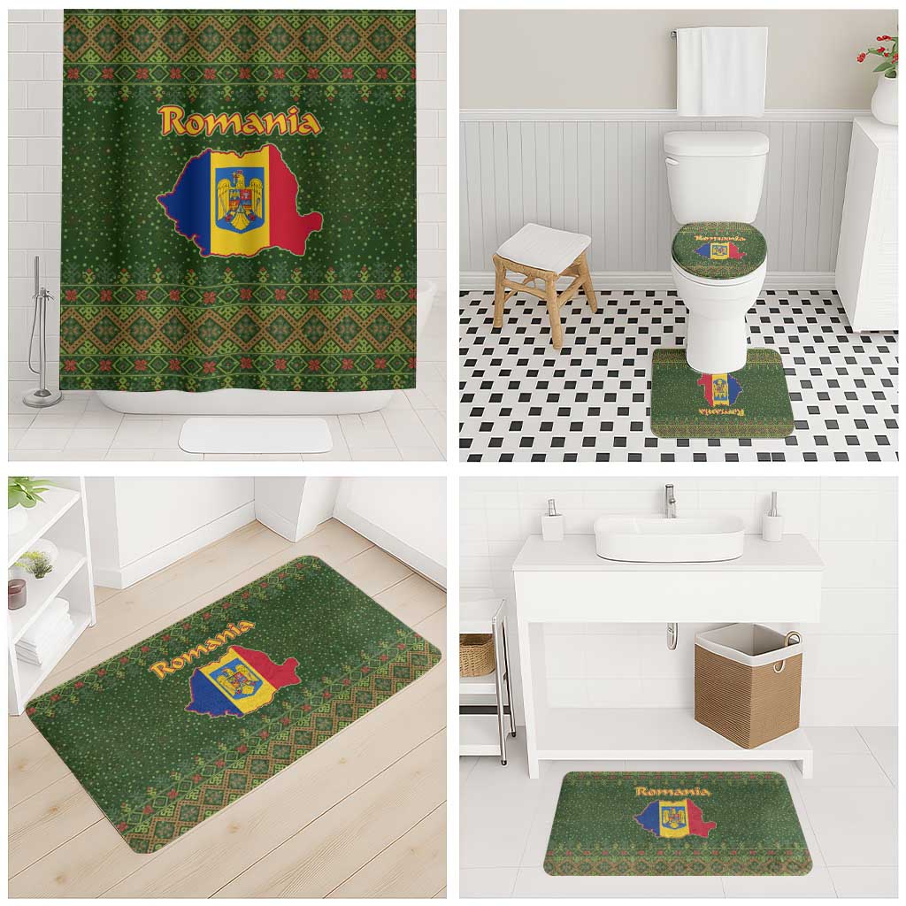 Romania Christmas Bathroom Set with Map Tricolor Flag Golden Eagle and Santa Motif - Wonder Print Shop