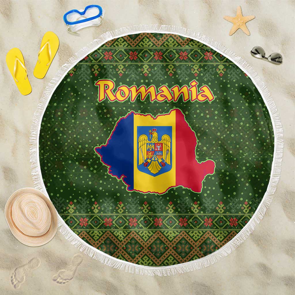 Romania Christmas Beach Blanket with Map Tricolor Flag Golden Eagle and Santa Motif - Wonder Print Shop