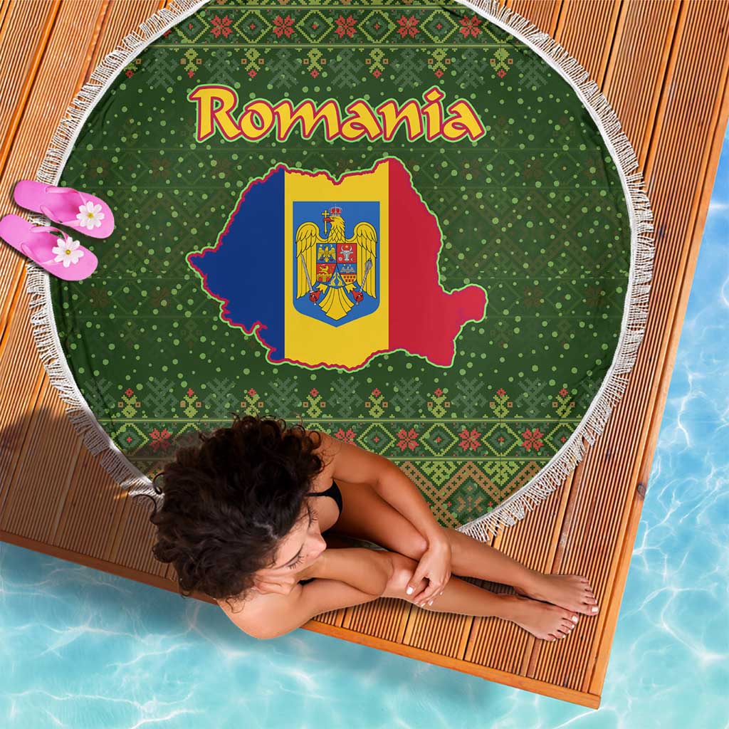 Romania Christmas Beach Blanket with Map Tricolor Flag Golden Eagle and Santa Motif - Wonder Print Shop