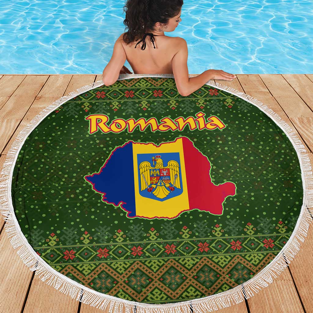 Romania Christmas Beach Blanket with Map Tricolor Flag Golden Eagle and Santa Motif - Wonder Print Shop