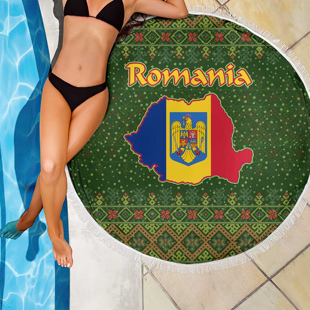 Romania Christmas Beach Blanket with Map Tricolor Flag Golden Eagle and Santa Motif - Wonder Print Shop