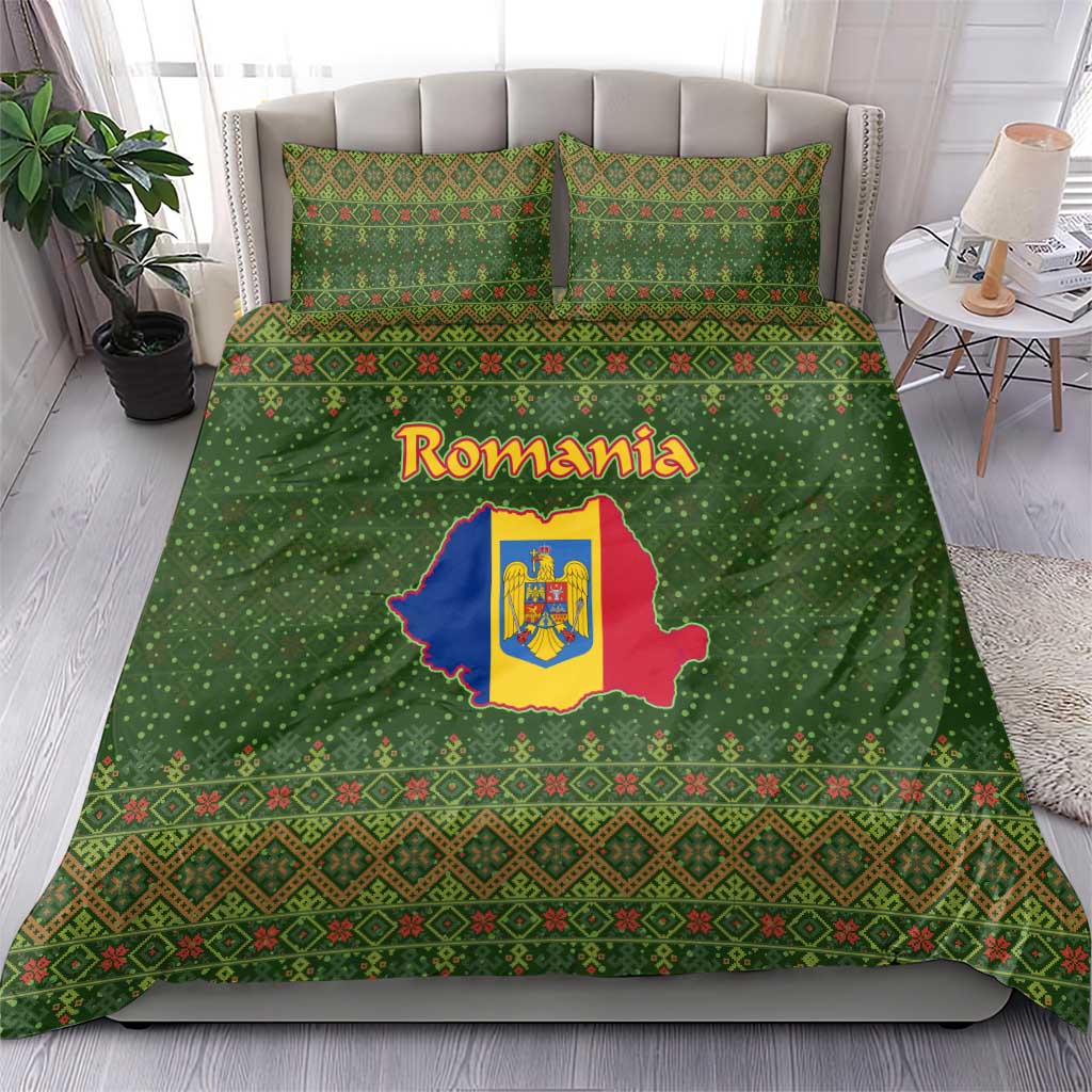 Romania Christmas Bedding Set with Map Tricolor Flag Golden Eagle and Santa Motif - Wonder Print Shop