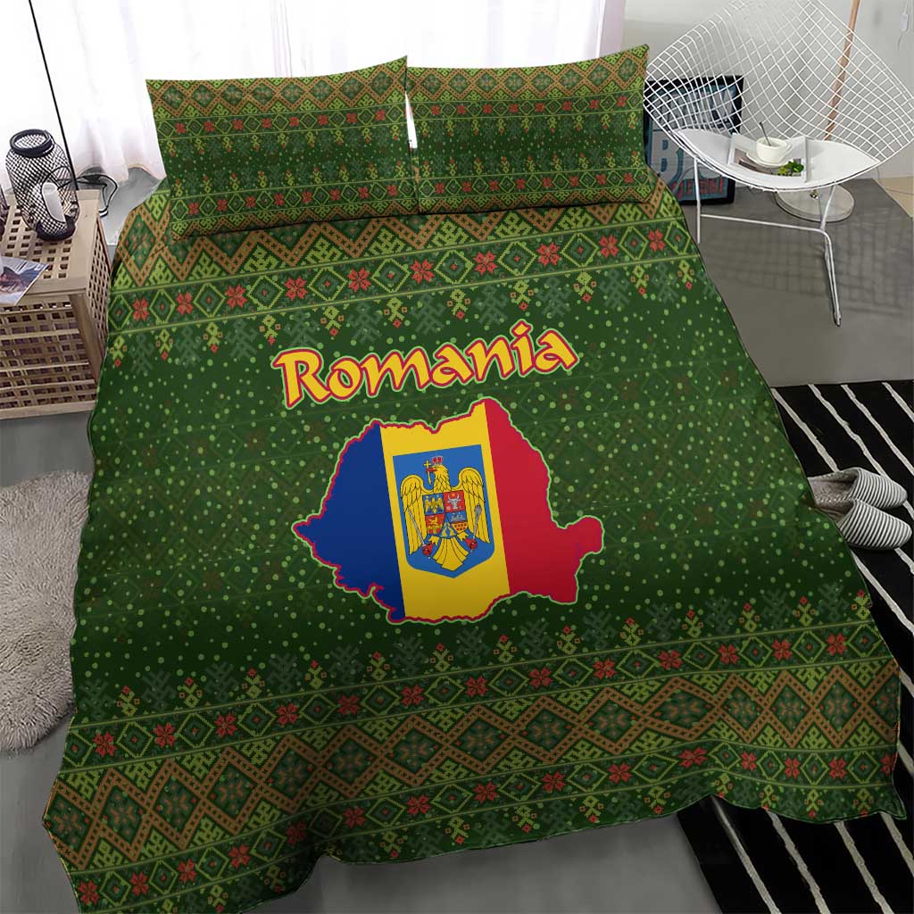 Romania Christmas Bedding Set with Map Tricolor Flag Golden Eagle and Santa Motif - Wonder Print Shop