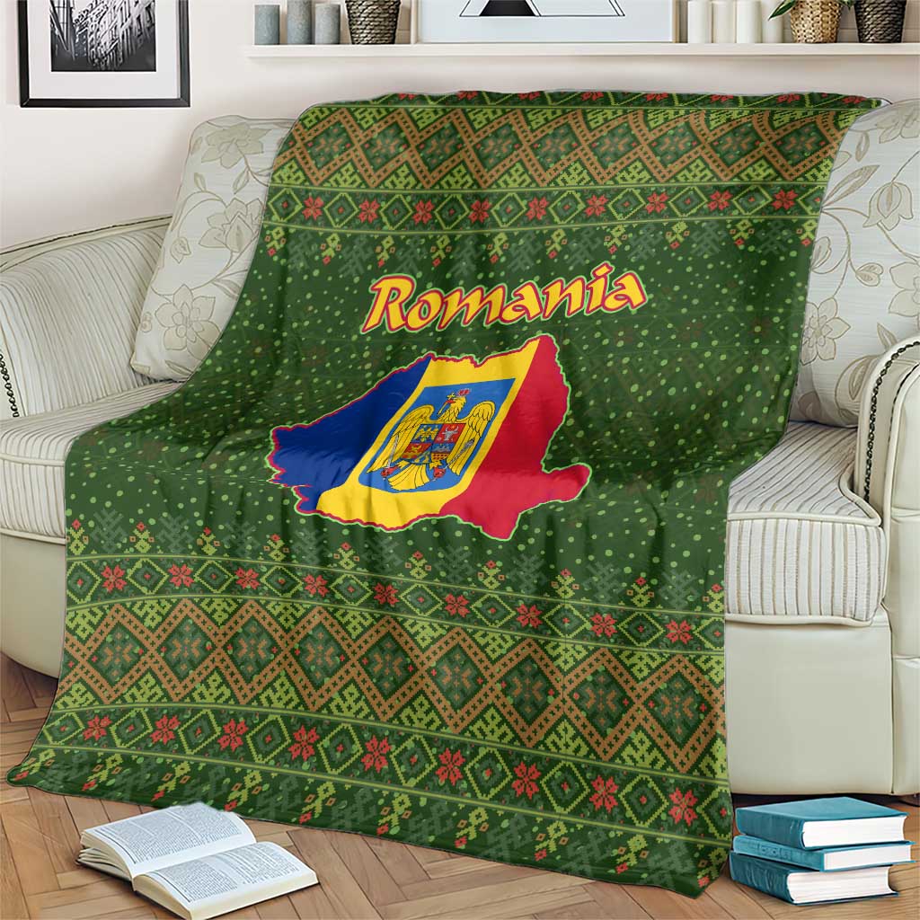 Romania Christmas Blanket with Map Tricolor Flag Golden Eagle and Santa Motif - Wonder Print Shop