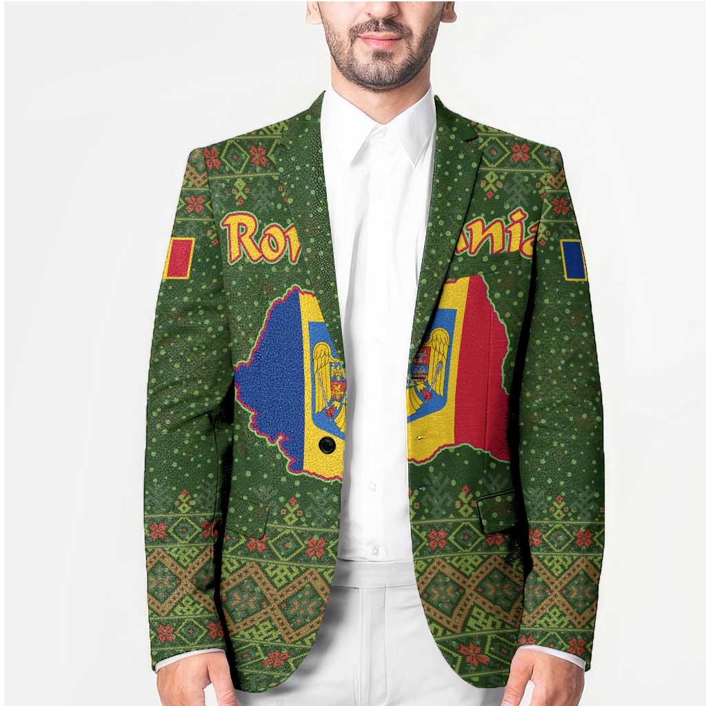 Romania Christmas Blazer with Map Tricolor Flag Golden Eagle and Santa Motif - Wonder Print Shop