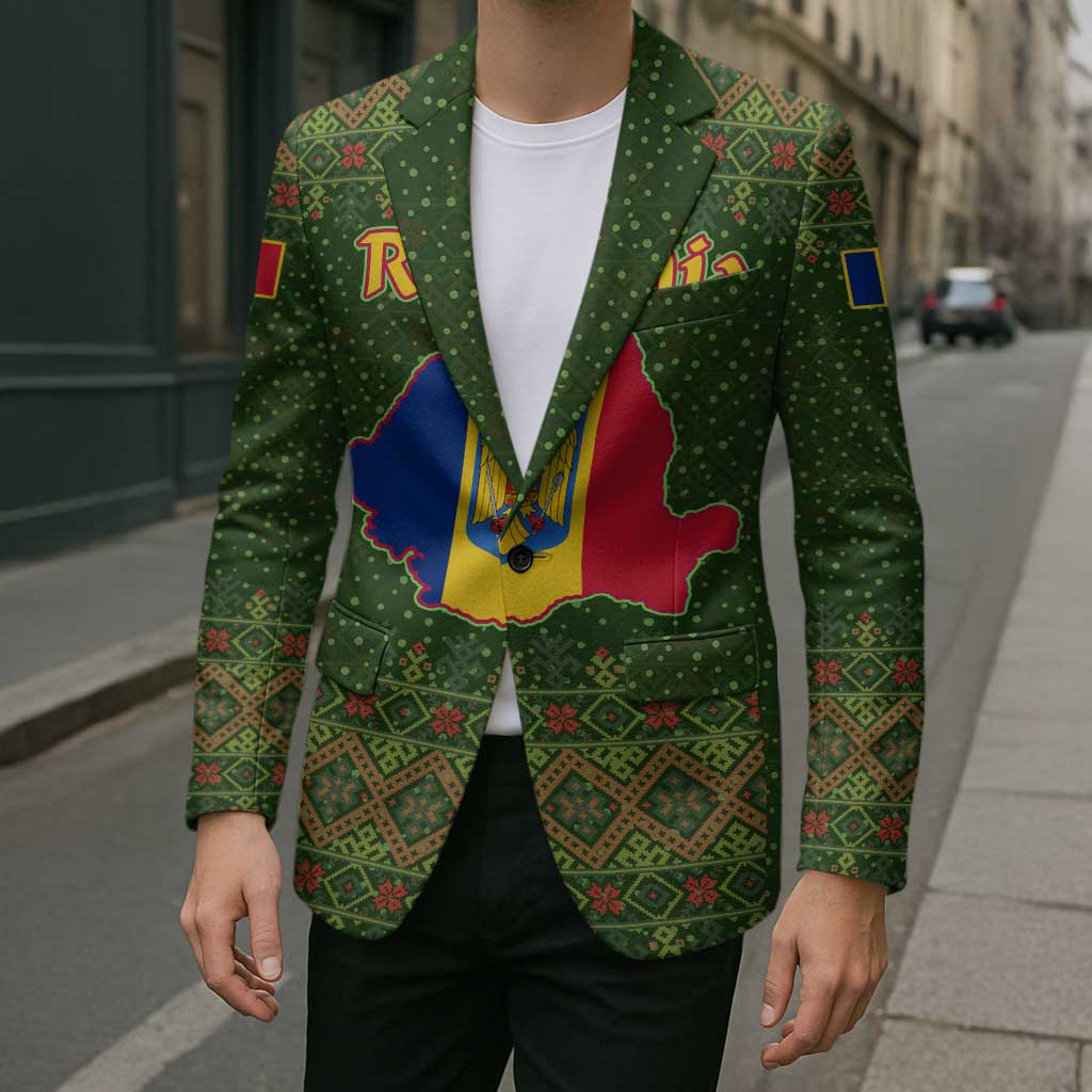 Romania Christmas Blazer with Map Tricolor Flag Golden Eagle and Santa Motif - Wonder Print Shop