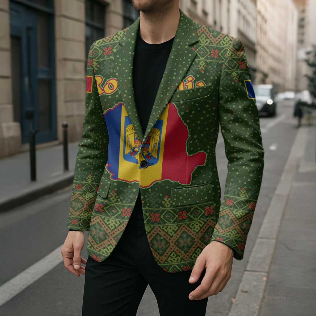 Romania Christmas Blazer with Map Tricolor Flag Golden Eagle and Santa Motif - Wonder Print Shop