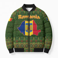 Romania Christmas Bomber Puffer Jacket with Map Tricolor Flag Golden Eagle and Santa Motif - Wonder Print Shop