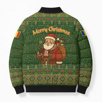 Romania Christmas Bomber Puffer Jacket with Map Tricolor Flag Golden Eagle and Santa Motif - Wonder Print Shop