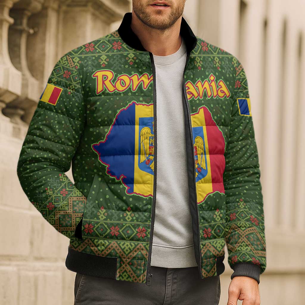 Romania Christmas Bomber Puffer Jacket with Map Tricolor Flag Golden Eagle and Santa Motif - Wonder Print Shop