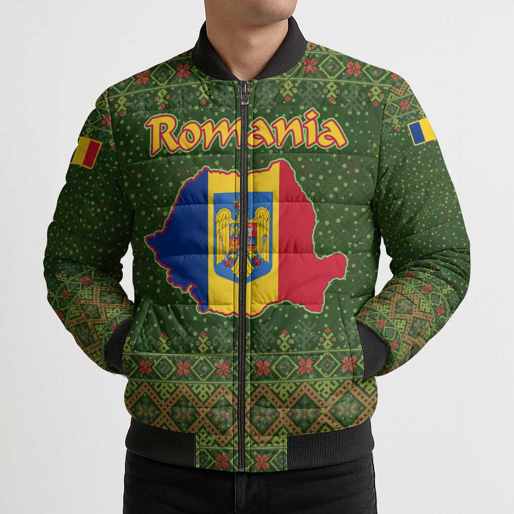 Romania Christmas Bomber Puffer Jacket with Map Tricolor Flag Golden Eagle and Santa Motif - Wonder Print Shop