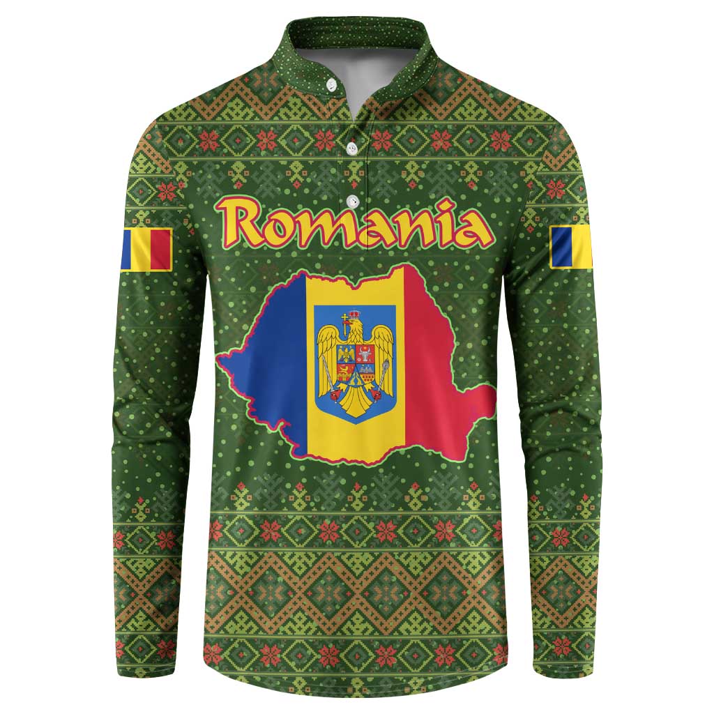 Romania Christmas Button Sweatshirt with Map Tricolor Flag Golden Eagle and Santa Motif - Wonder Print Shop