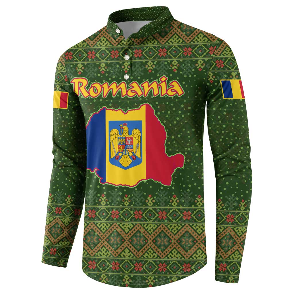 Romania Christmas Button Sweatshirt with Map Tricolor Flag Golden Eagle and Santa Motif - Wonder Print Shop