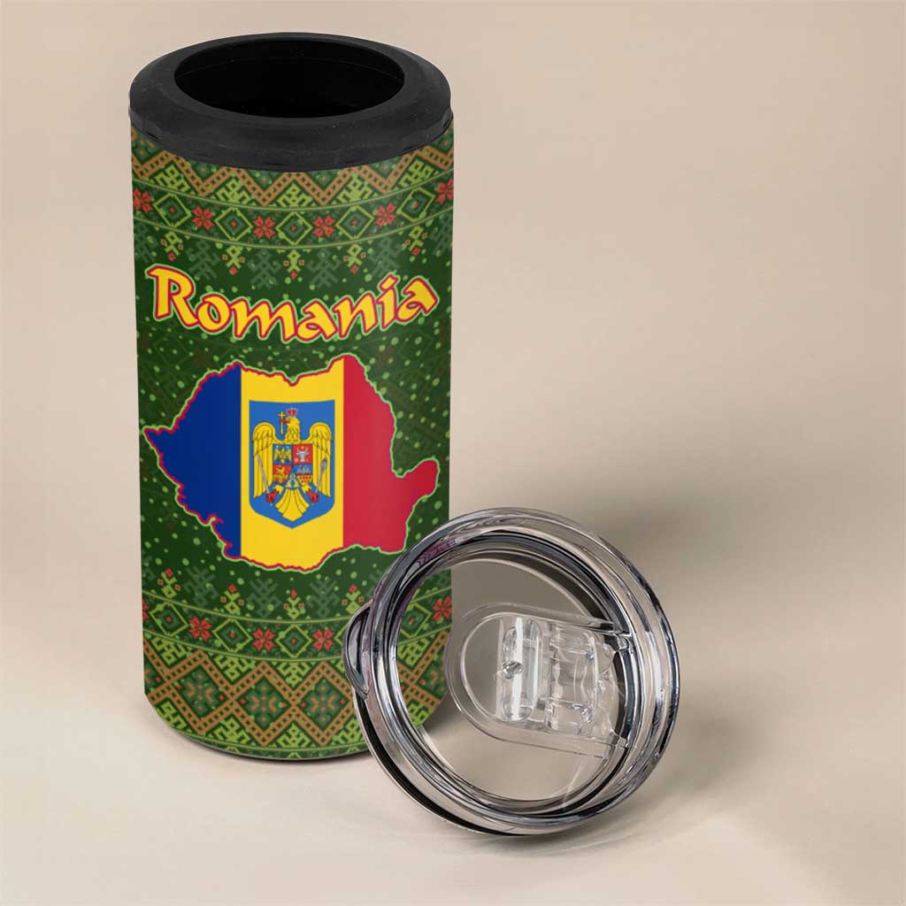 Romania Christmas 4 in 1 Can Cooler Tumbler with Map Tricolor Flag Golden Eagle and Santa Motif - Wonder Print Shop