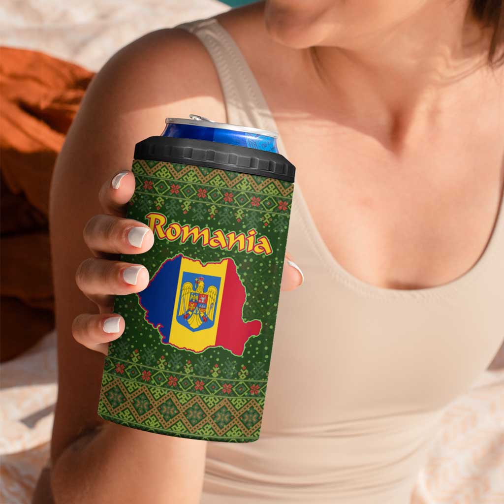 Romania Christmas 4 in 1 Can Cooler Tumbler with Map Tricolor Flag Golden Eagle and Santa Motif - Wonder Print Shop