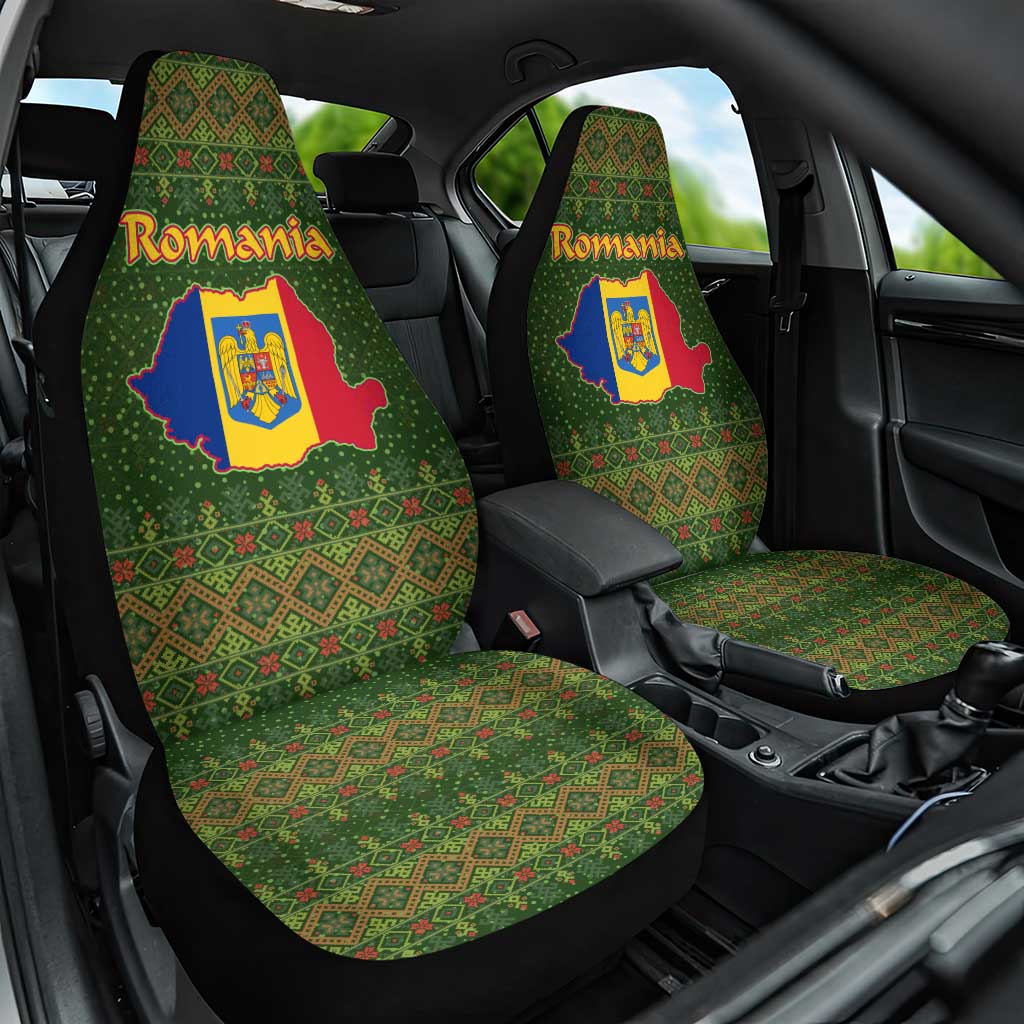 Romania Christmas Car Seat Cover with Map Tricolor Flag Golden Eagle and Santa Motif - Wonder Print Shop