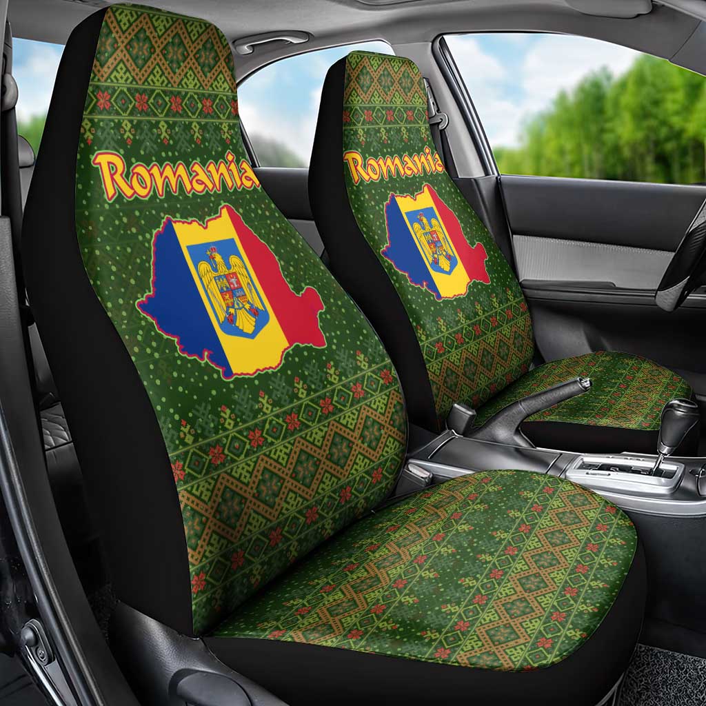 Romania Christmas Car Seat Cover with Map Tricolor Flag Golden Eagle and Santa Motif - Wonder Print Shop