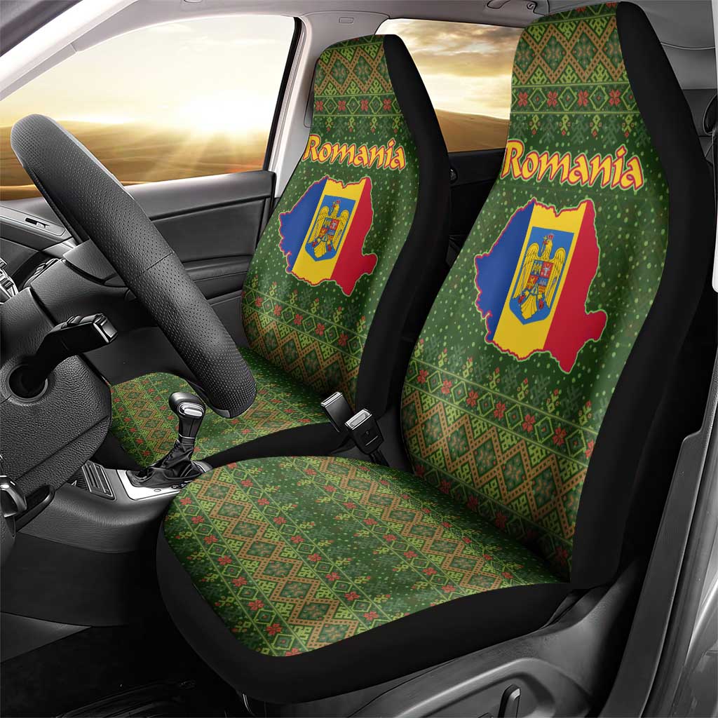 Romania Christmas Car Seat Cover with Map Tricolor Flag Golden Eagle and Santa Motif - Wonder Print Shop