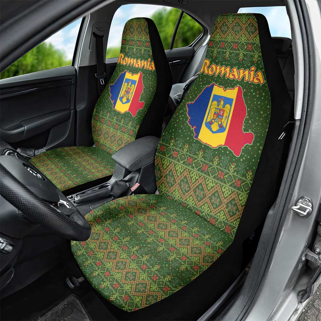 Romania Christmas Car Seat Cover with Map Tricolor Flag Golden Eagle and Santa Motif - Wonder Print Shop
