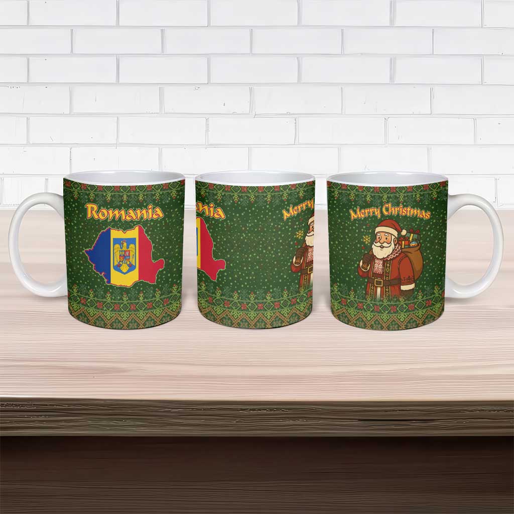 Romania Christmas Ceramic Mug with Map Tricolor Flag Golden Eagle and Santa Motif - Wonder Print Shop
