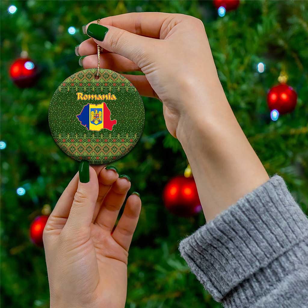 Romania Christmas Ceramic Ornament with Map Tricolor Flag Golden Eagle and Santa Motif - Wonder Print Shop