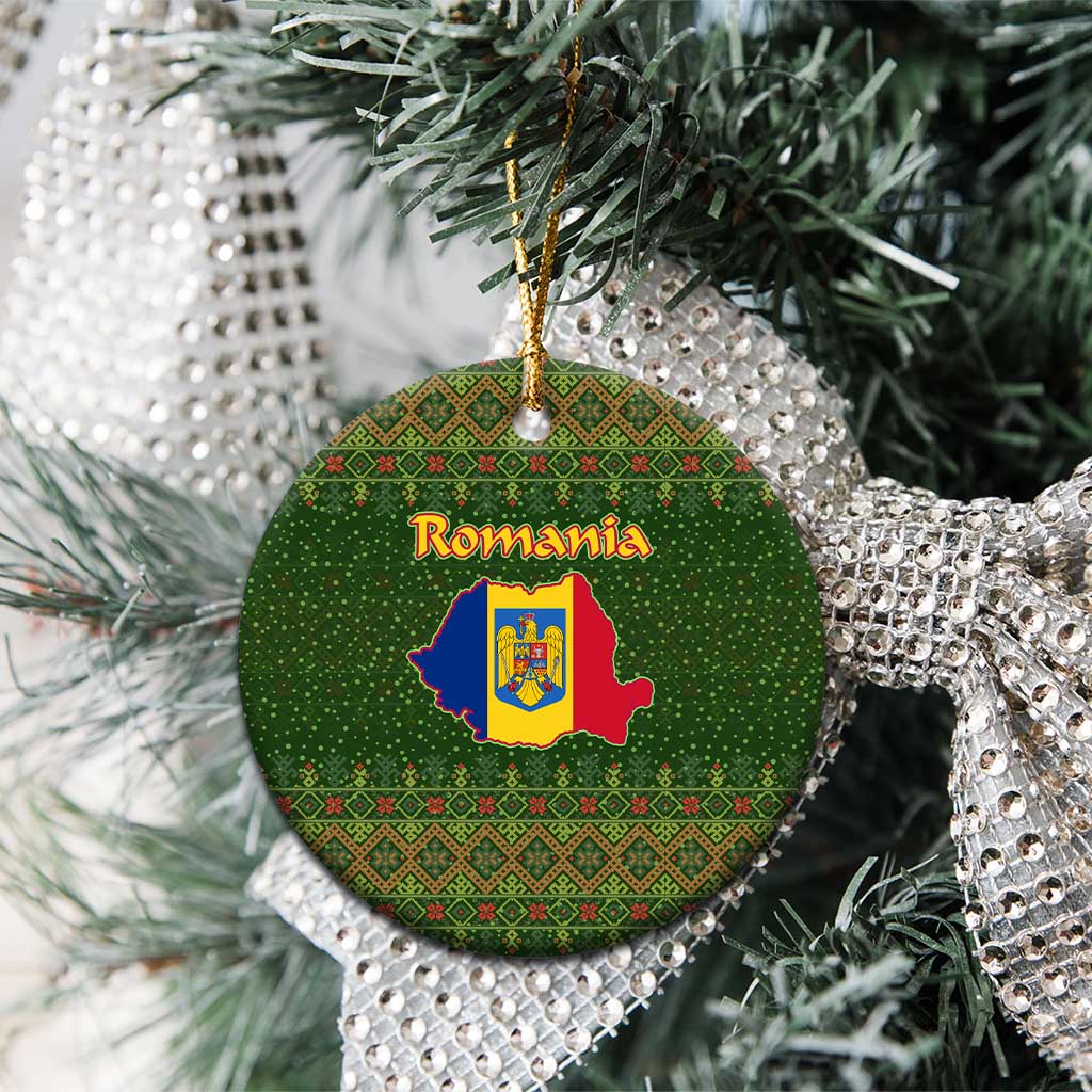 Romania Christmas Ceramic Ornament with Map Tricolor Flag Golden Eagle and Santa Motif - Wonder Print Shop