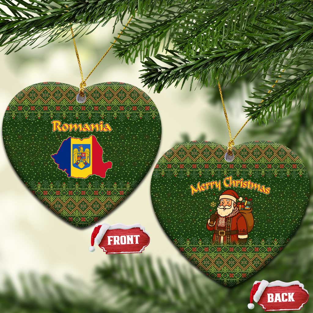 Romania Christmas Ceramic Ornament with Map Tricolor Flag Golden Eagle and Santa Motif - Wonder Print Shop