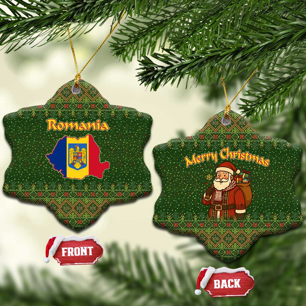 Romania Christmas Ceramic Ornament with Map Tricolor Flag Golden Eagle and Santa Motif - Wonder Print Shop