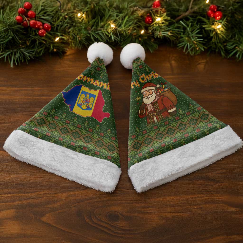 Romania Christmas Santa Hat with Map Tricolor Flag Golden Eagle and Santa Motif - Wonder Print Shop