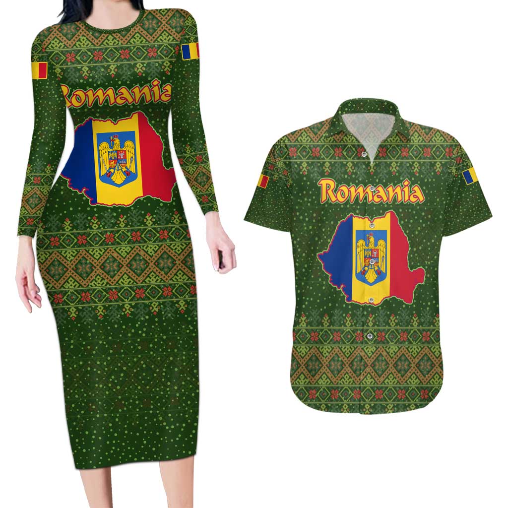 Romania Christmas Couples Matching Long Sleeve Bodycon Dress and Hawaiian Shirt with Map Tricolor Flag Golden Eagle and Santa Motif - Wonder Print Shop