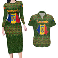 Romania Christmas Couples Matching Long Sleeve Bodycon Dress and Hawaiian Shirt with Map Tricolor Flag Golden Eagle and Santa Motif - Wonder Print Shop