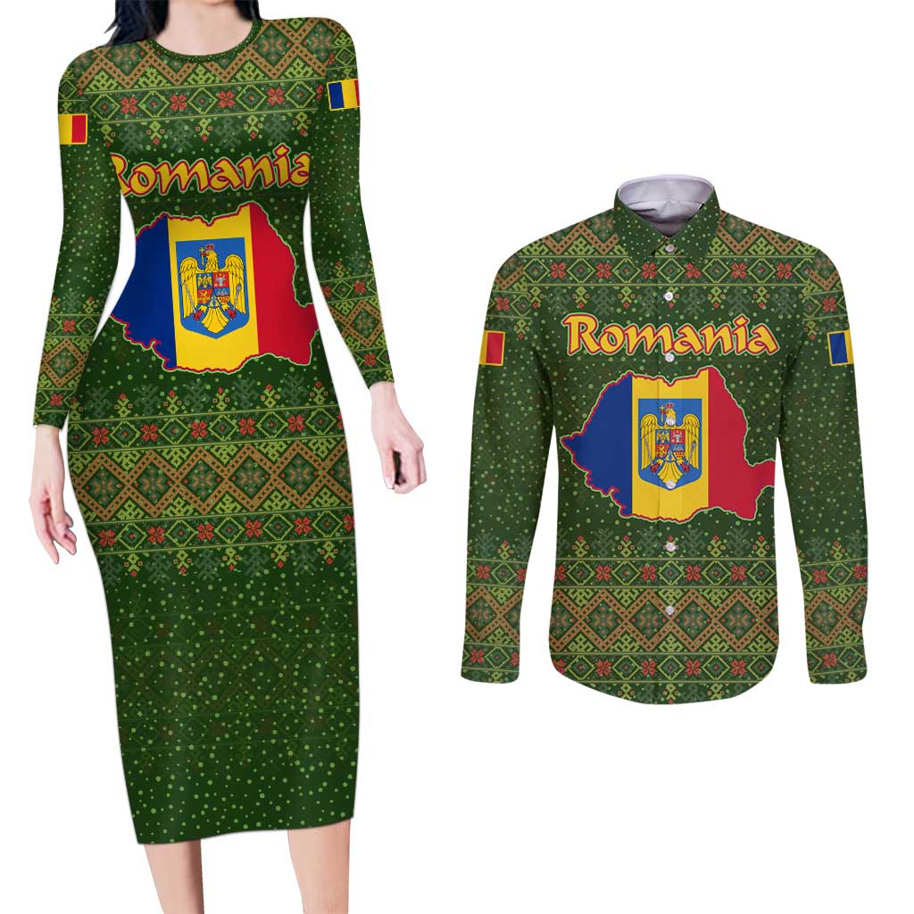 Romania Christmas Couples Matching Long Sleeve Bodycon Dress and Long Sleeve Button Shirt with Map Tricolor Flag Golden Eagle and Santa Motif - Wonder Print Shop