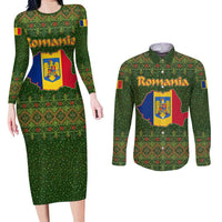 Romania Christmas Couples Matching Long Sleeve Bodycon Dress and Long Sleeve Button Shirt with Map Tricolor Flag Golden Eagle and Santa Motif - Wonder Print Shop