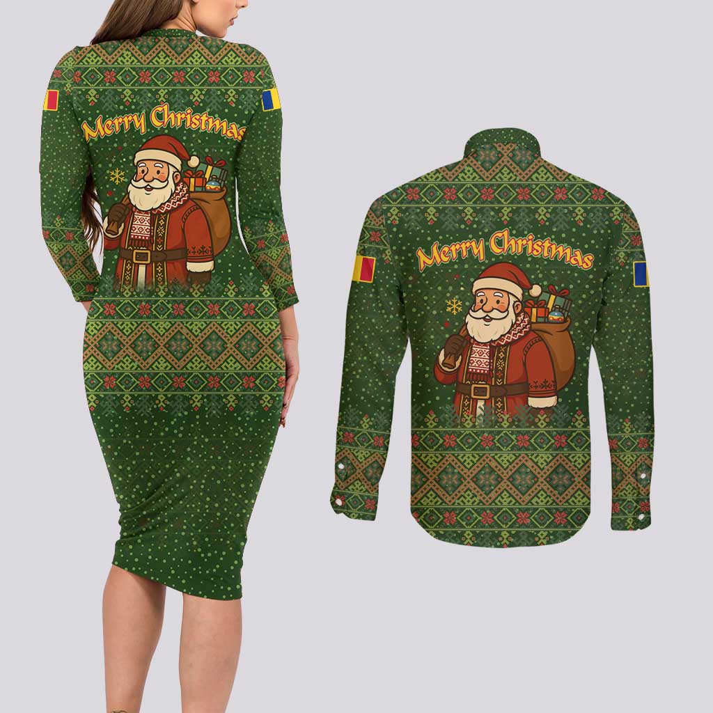 Romania Christmas Couples Matching Long Sleeve Bodycon Dress and Long Sleeve Button Shirt with Map Tricolor Flag Golden Eagle and Santa Motif - Wonder Print Shop