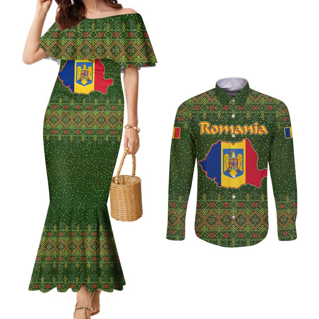 Romania Christmas Couples Matching Mermaid Dress and Long Sleeve Button Shirt with Map Tricolor Flag Golden Eagle and Santa Motif - Wonder Print Shop