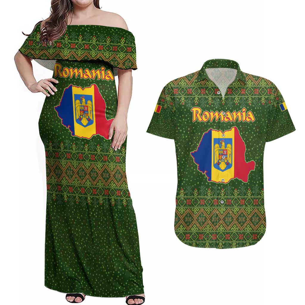 Romania Christmas Couples Matching Off Shoulder Maxi Dress and Hawaiian Shirt with Map Tricolor Flag Golden Eagle and Santa Motif - Wonder Print Shop