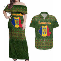 Romania Christmas Couples Matching Off Shoulder Maxi Dress and Hawaiian Shirt with Map Tricolor Flag Golden Eagle and Santa Motif - Wonder Print Shop