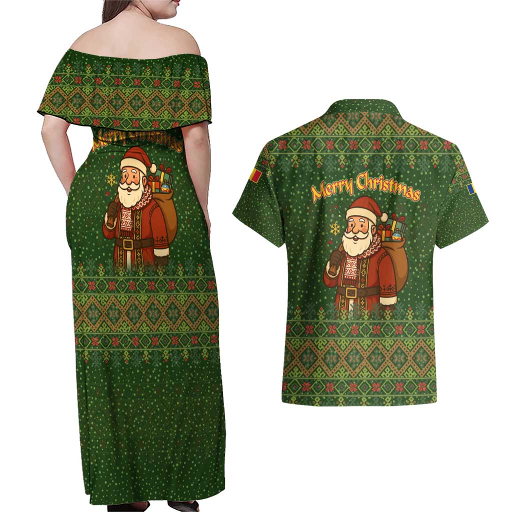 Romania Christmas Couples Matching Off Shoulder Maxi Dress and Hawaiian Shirt with Map Tricolor Flag Golden Eagle and Santa Motif - Wonder Print Shop